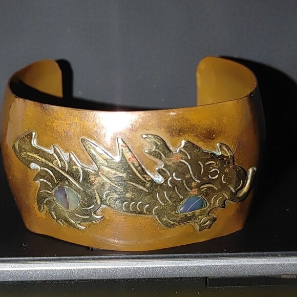 Dragon Mexican Copper Cuff Bracelet MCM Vintage Brass Dragon Abalone 1 Inch Wide - Picture 4 of 12